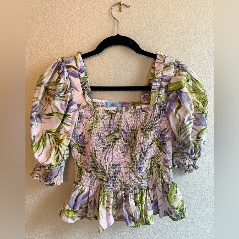 CeCe Floral Peplum Puff Sleeve Top